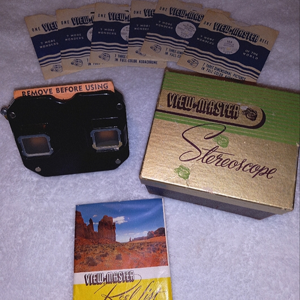 1950'S VIEW-MASTER STERESCOPE VINTAGE IN BOX WITH 6 FILM SLIDES AND INST…